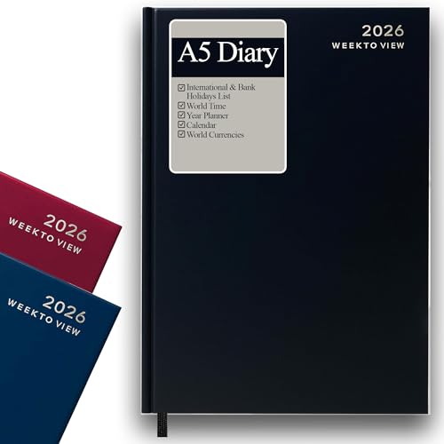 Image of 2026 Diary A5 Week to View Black Hardcover - A5 2026 Diary Week to View with Ribbon Marker, Yearly Planner, 3 Year Calendar, Notes, Contacts, & More Pages. - Daily Tasks Office, Home & Business Use