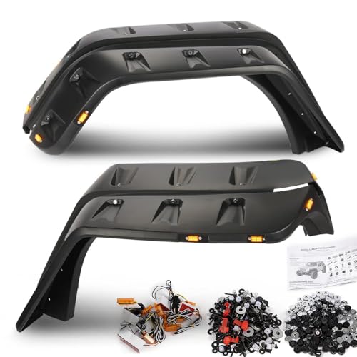 G-PLUS Fender Flares w/LED Side Maker Compatible with Jeep JK Wrangler 2/4 Door Model 2007-2018 Smooth Pocket Riveted 4 PCS Black