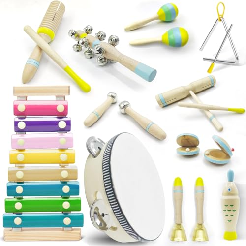 15Pcs Baby Musical Instruments Set, Musical Toys for Toddlers 1-3, Wooden Montessori Toys Percussion, Birthday Gifts for 1 2 3 Year Old Kids Boy Girls