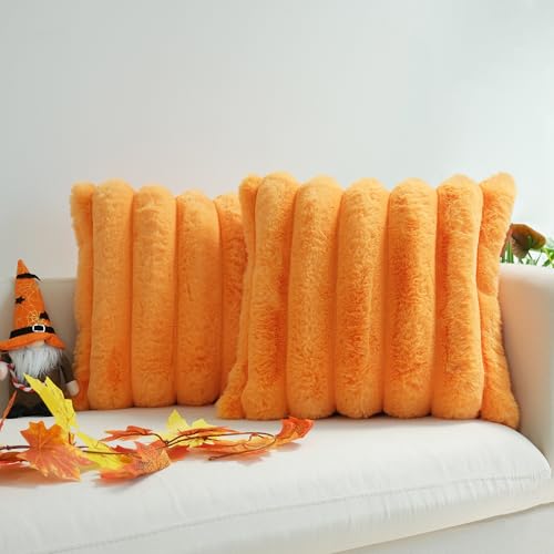 JOJUSIS Pack of 2 Faux Fur Plush Decorative Throw Pillow Covers Couch Cushion Case Soft Fluffy Pillowcases Wide Stripe (Orange, 18 x 18 Inch)