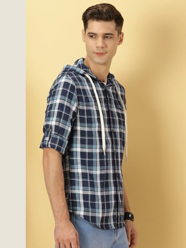 Image of Thomas Scott Men's | Checks | Full Sleeve | Regular Fit | 100% Cotton | Hooded | Casual Shirt