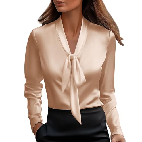 Women's Satin V-Neck Blouse with Long Sleeves, Beige