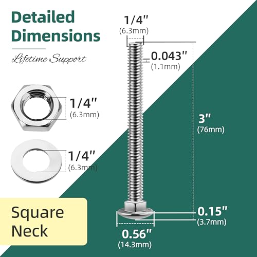 Image of (14 Sets) 1 /4-20 x 3 Carriage Bolts with Nuts and Washers, 304 Stainless Steel Round Head Square Neck 1 /4 Carriage Bolts Screws, Full Thread for Outdoor