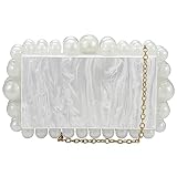 LADIHAB Acrylic Evening Clutch Purses For Women Beaded Pearl Clutch Purse Marble Clutch Bag Acrylic Handbag Clutch Bags for Wedding Party White