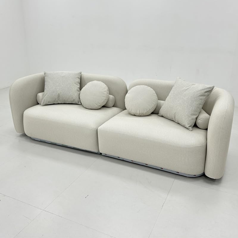 Modern Curved Sectional Sofa, Boucle Fabric, Round Accent Pillows, Cream White