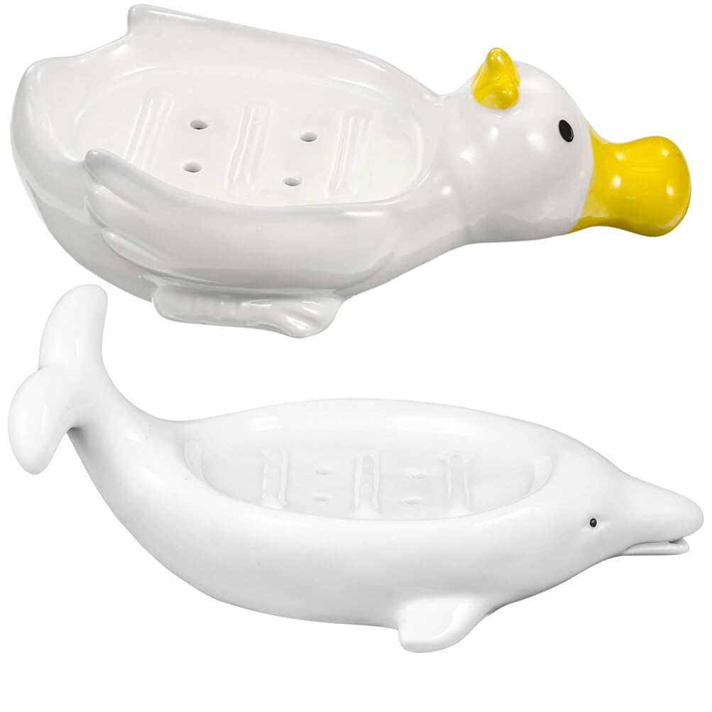 Jabonera Decorativa de Cerámica Forma de Mamífero Marino 2 Piezas | Blanco, Autodrenante para Baño y Ducha, también Sirve para Joyas y Esponja