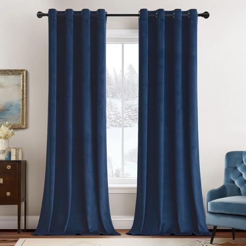MIULEE 90 Inches Velvet Curtains Navy Blue Elegant Grommet Curtains Thermal Insulated Soundproof Room Darkening Curtains/Drapes for Classical Living Room Bedroom 52 x 90 Inch 2 Panels