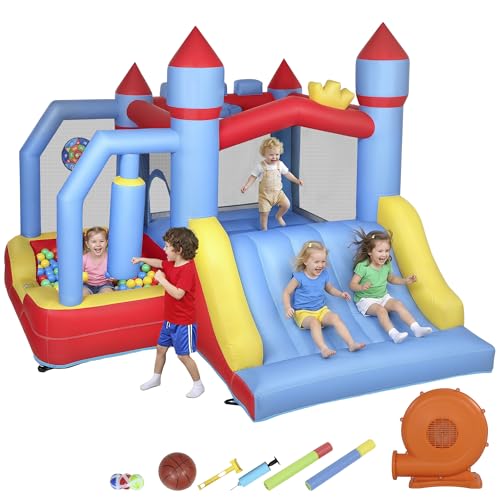 AIYAPLAY Château Gonflable 5 en 1 avec souffleur et Pistolet à Eau, Parc Aquatique Structure Gonflable Enfants 3-8 Ans, toboggans, Trampoline, Piscine à...