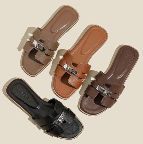 Women's Flat Sandals Casual Slip On H-Band Slippers for Women Leather Dressy Square Open Toe Summer Beach Vacations Slides Sandals2