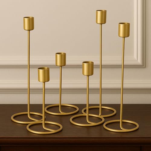 NOVELTY INDIA Set of 6 Candle Holder, Candlestick Holders Taper Candle Holder, Gold Metal Candle Stand for Home & Decor Candle Stick Holders.