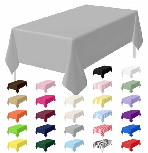 HEIPINIUYE 2 Pack Silver Tablecloth Disposable 54 x 108 Inch Silver Plastic Table Cloth Disposable Waterproof Rectangle Table Cover for Party Birthday Camping Picnic Tablecloths