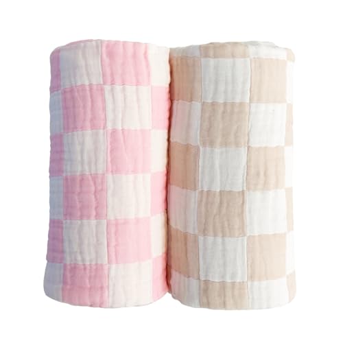 Image of Ultra Soft Checkered Muslin Baby Blanket Pack of 2 Cotton Muslin Swaddles Blankets for Babies and Toddlers Girls Newborn 42 x 42 inches Cream and Pink