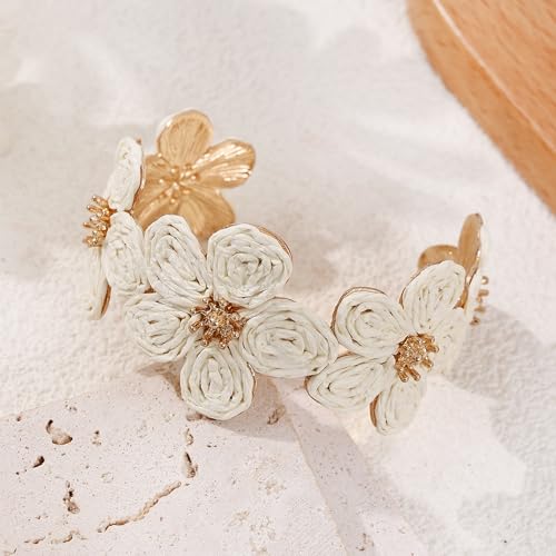Raffia Colorful Flower Cuff Bracelet For Women Statement Chunky Spring Summer Floral Tropical Beachy Vacation Wide Open Bangle Boho Jewelry Accessories4