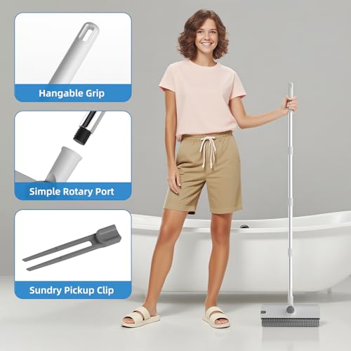 Image of Scrub Brush with Long Handle, Floor Scrub Brush Squeegee Broom for Cleaning, 3 in 1 Shower Scrubber Floor Broom Squeegee for Concrete Tile Wall Deck Patio White