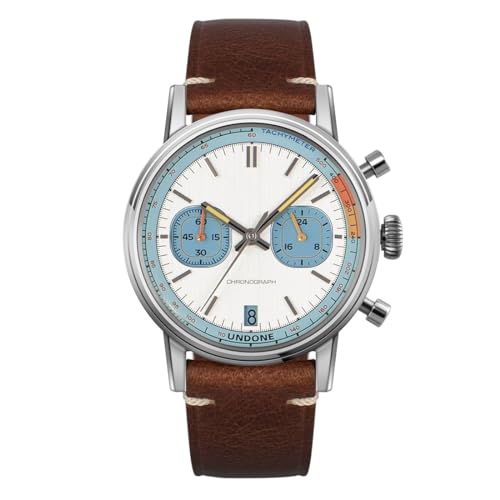 Undone Vintage 70s Chronograph Hybrid Quarz Mechanisch Stahl Weiß Braun Leder Herrenuhr, braun, Armband