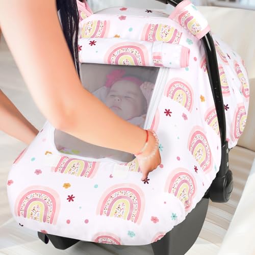 Image of Pea Pod Car Seat Cover Baby, Infant Car Seat Canopy Covers with 2 Layers Windows of Breathable Mesh Fabric, Lightweight Polyester, Soft Minky Dot Backing (Rainbow & Floral Pattern)