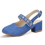 PANDANINJIA Girls Dress Shoes Little Big Kids Slingback Blue Denim Mary Jane Low Heels Buckle Round Toe Flower Girl Wedding Church Party School Size 6 Pump Shoes