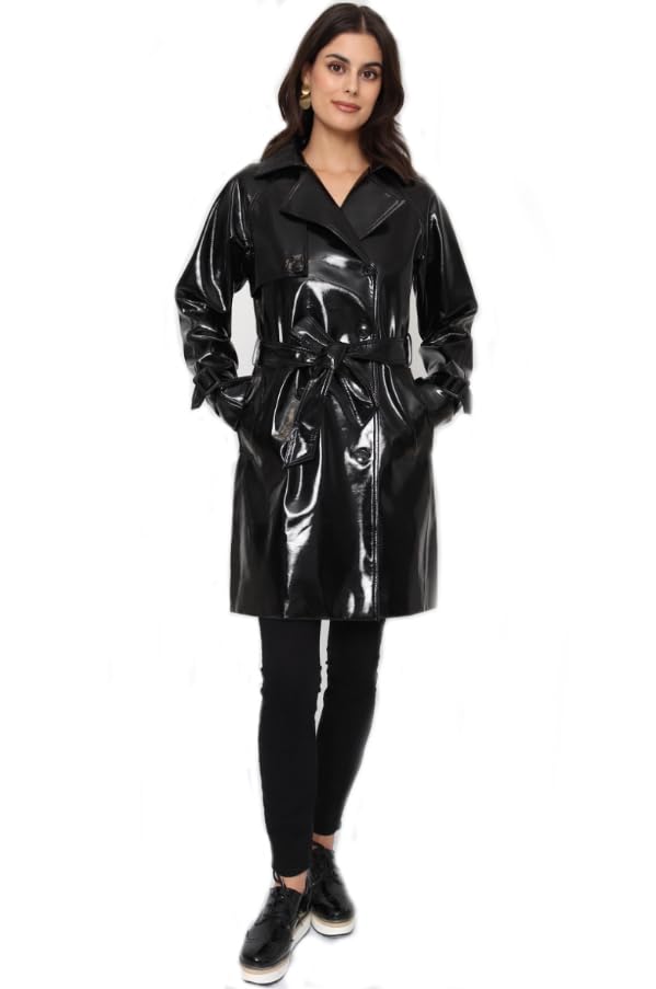 Charcoal Fashion Manteau classique en vinyle brillant résistant à l'eau pour femme avec ceinture,...