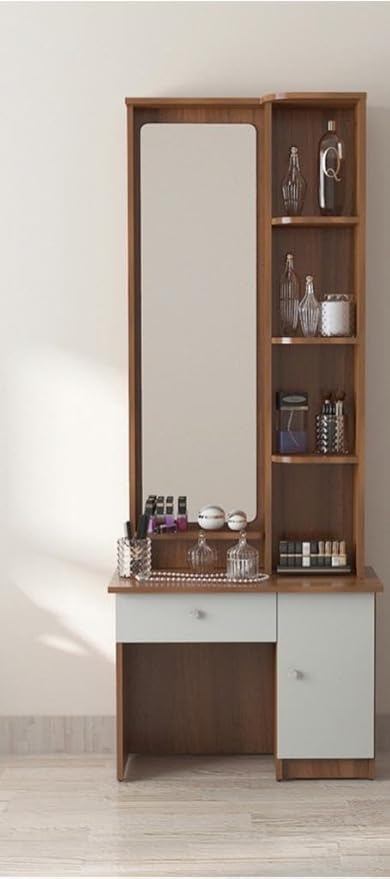 CASPIAN Furniture Engineered Wood Frosty White & Teak Colour Dressing Table with Puffy Table Mirror, 4 Shelves 5 Compatments & 2 Drawers || Dressing Table || Makeup Table || Bedroom Organizer