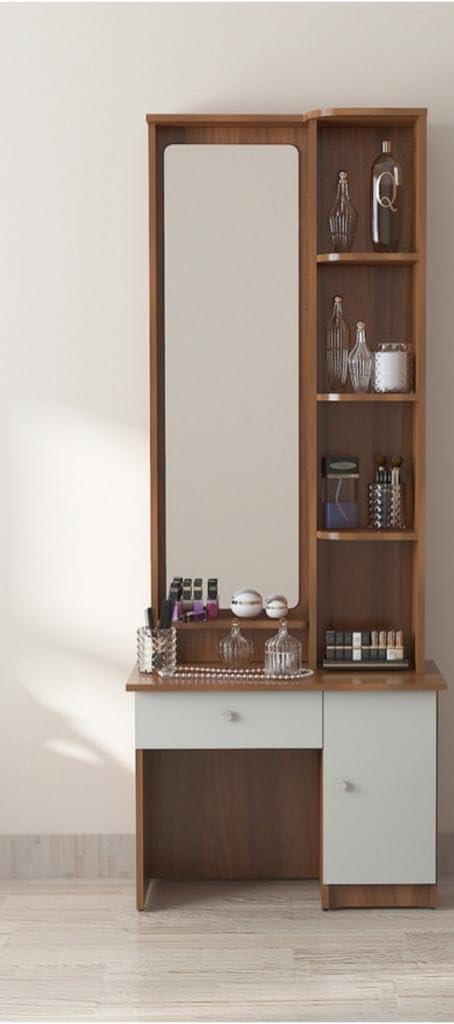 CASPIAN Furniture Engineered Wood Frosty White & Teak Colour Dressing Table with Puffy Table Mirror, 4 Shelves 5 Compatments & 2 Drawers || Dressing Table || Makeup Table || Bedroom Organizer-image-0