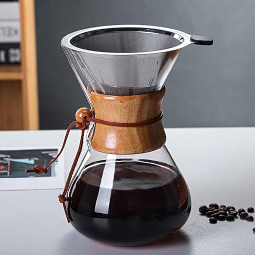 GS Pour Over Coffee Maker - 600ML Glass Carafe with Stainless Steel Filter, Reusable Drip Coffee Maker for Home, Office & Camping - Portable 13.5 OZ Coffee Brewer
