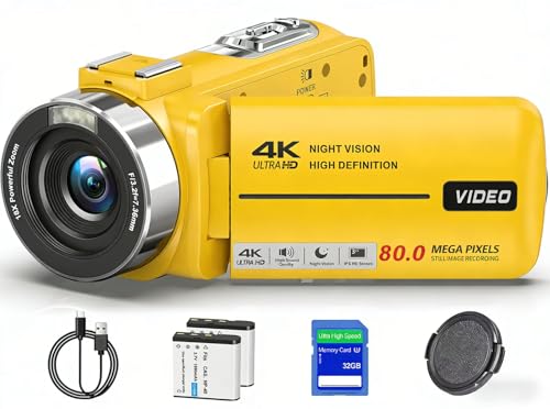 4K Camcorder Video Camera Ultra HD 80MP IR Night Vision Vlogging Camera for YouTube,18X Digital Zoom Camcorder Recorder 3.0' 270°Rotation IPS Screen with 32GB SD Card, Lens Cap and 2 Batteries Yellow