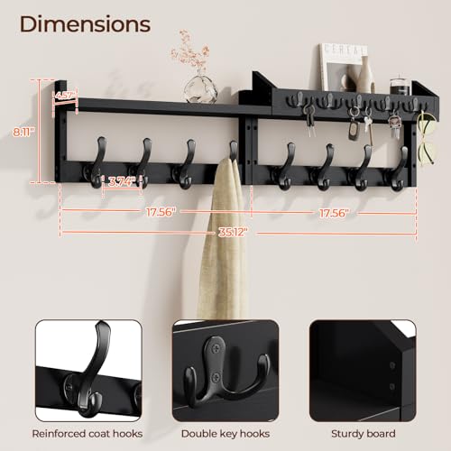 Image of Evermagin 35 inch Coat Rack Wall Mount with Shelf, 4 in 1 Wall Mounted Coat and Key Hanger with 13 Hooks, Entryway Key Holder with Mail Holder for Living Room, Bedroom, Black