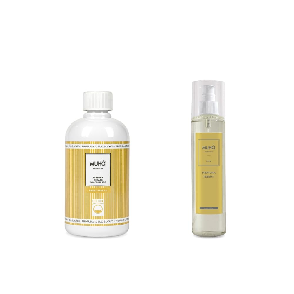 Profumatore per Bucato 400 ml & Spray Tessuti 250 ml Fragranza Sweet Vanilla. Duraturo, Intenso, Ideale per Tutti i Tessuti, Elimina Odori, Rilascia un Gradevole Profumo di Vaniglia in Casa Tua