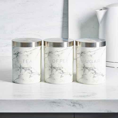 OHS Tea Coffee Sugar Canisters, Set of 3 Airtight Jars with Lids for Home Stackable Decorative Kitchen Food Storage Canisters Stainless Tins, Marble Design