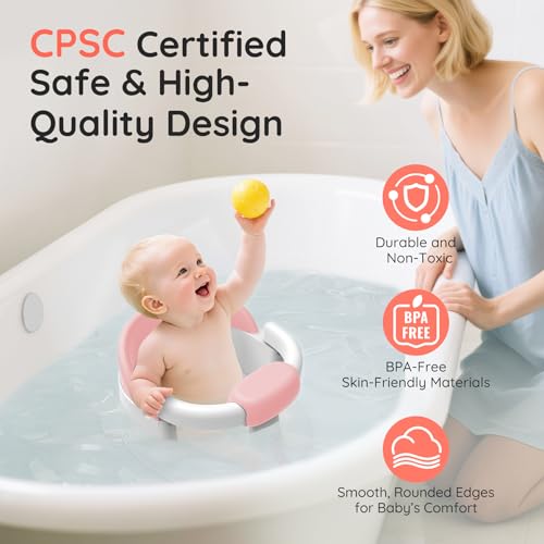 Image of Baby Bath Seat for Babies Sitting Up, Non-Slip Baby Bath Chair with Strong Suction Cups, Lockable Armrest & High Back 360 Safety Support, Ideal for Active Toddlers 6-24 Months, Pink
