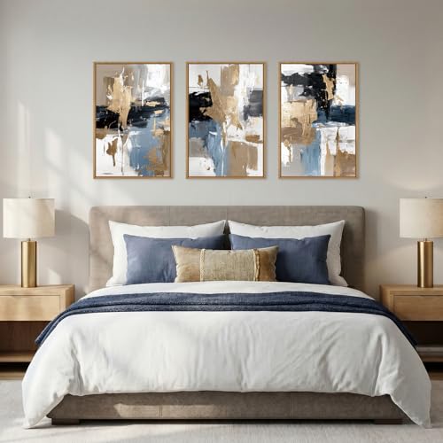 Image of KAIRNE Blue and Gold Abstract Framed Canvas Wall Art Set,Minimalist Brush Strokes Wall Decor,Modern Textured Art Prints,Neutral Brown Black Artwork for Living Room,Bedroom,Farmhouse,Office-16 x24 x3