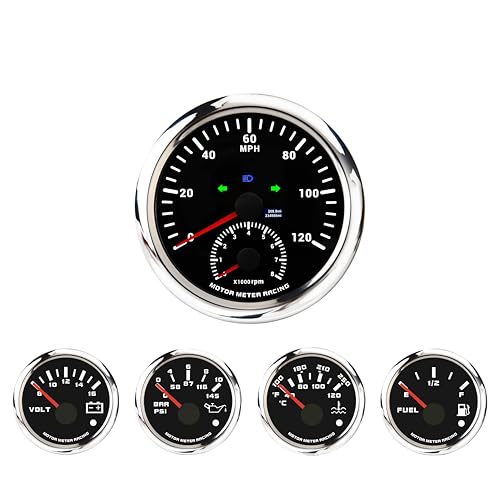 Image of MOTOR METER RACING 110mm 4-3 /8 inch W PRO Series 5 Gauge Set Black Dial | White LED, 2-in-1, GPS Speedometer, Tachometer, 52mm, 2-1 /16 inch, Volt, Fuel Level, Water Temp, Oil Press, Car, Boat, Truck