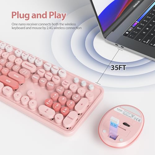 Image of Fogruaden Pink Retro Typewriter Keyboard and Mouse Wireless, 2.4GHz Office Full-Sized Colorful Computer Keyboard with Number Pad and Cute Mouse for Windows PC Desktops Laptop
