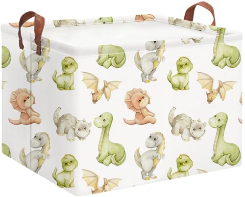 Image of Rectangle Storage Basket with Handles,Collapsible Storage Bin,Books Box,Gift Basket(Watercolor Dinosaur)