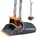 Kelamayi Broom and Dustpan Set, Super Long Handle Lobby Broom, Self-Cleaning with Dust Pan Teeth, Ideal for Home, Kitchen and Office Use (Gray & Orange)