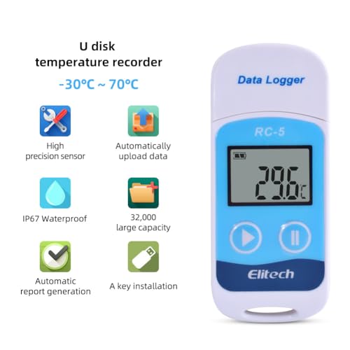 OBEST RC-5 Mini USB Temperatur Datenlogger, Temp Rekorder Interner Sensor PDF&CSV-Berichte Hohe Genauigkeit Temperatur Data Logger 32000 Punkte Record Wasserdicht nach IP67
