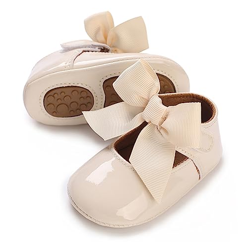 E-FAK Baby Girls Shoes Mary Jane Flats Shoes Anti-Slip Soft Rubber Sole Toddler First Walkers Princess Dress Shoes(06 Beige, 0-6 Months Infant)