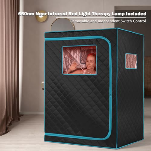 Smartmak Portable Far Infrared Sauna, Home Two Person Sauna Box with 660nm Red Light Therapy Lamp, X-Large Full Size Indoor SPA Tent for Body Recovery, Remote Control, 2 Folding Chairs, Blackgreen