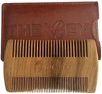 The Bey Peigne double pour barbe et cheveux en bois de santal Peigne en bois de santal Peigne à cheveux naturel antistatique avec étui végan en cuir synthétique