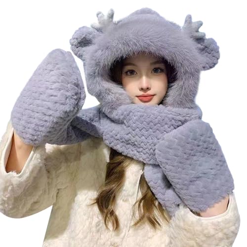 XOUSAEKM Conjunto de gorro, bufanda y guantes para mujer, invierno, lindo cuerno de dragón, felpa, cálido, grueso, bufanda, gorro, guante, tres piezas, conjunto integrado, bufandas, guantes, sombreros