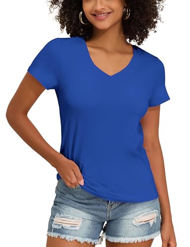 Hilor Women's Plain Cotton T Shirts Short Sleeve V Neck Tee Tops Loose Fit Casual Summer Tops Trendy Outfits 2025
