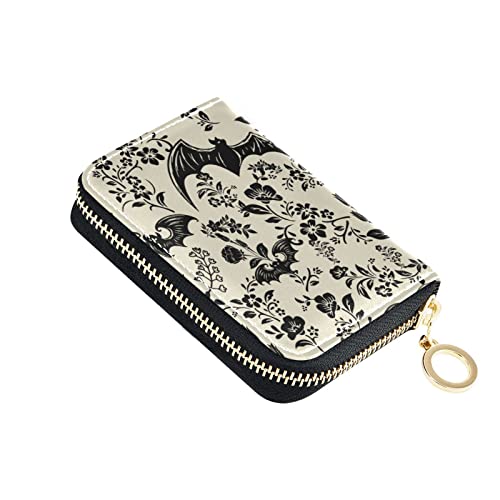 NCRJCZQL Portefeuille accordéon RFID pour femme en cuir avec fermeture éclair pour cartes de crédit, Fleurs de chauve-souris, Impression artistique