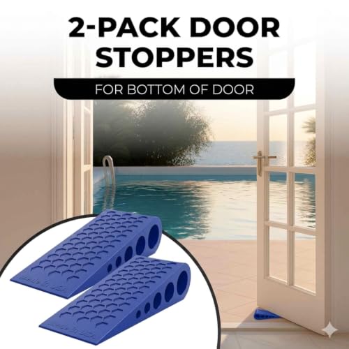Image of Door Stoppers for Bottom of Door Premium Floor Rubber Door Stop Wedge Made in USA Heavy Duty Honeycomb Design for Carpet, Tile, Ideal for Home, School, Commercial,Blue 4 Pack