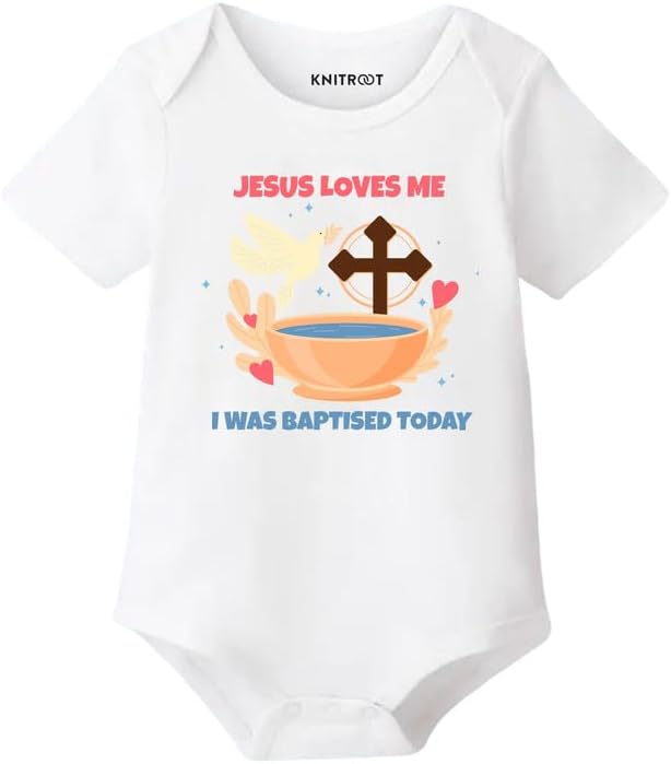 - Baptism Special, Jesus Loves Me, Onesies, Unisex Baby Kids Cotton Lycra Half Sleeve White Rompers, Sleepsuit, Bodysuit, 0-12 Months, Infant Cloths for Boys & Girls