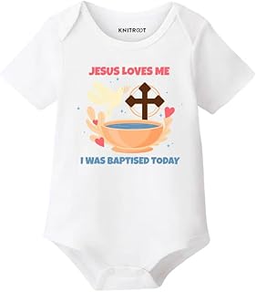 KNITROOT Baptism Special, Jesus Loves Me, Onesies, Unisex Baby Kids Cotton Lycra Half Sleeve White Rompers, Sleepsuit, Bod...