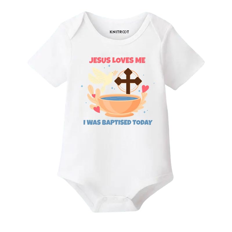 Baptism Special, Jesus Loves Me, Onesies, Unisex Baby Kids Cotton Lycra Half Sleeve White Rompers, Sleepsuit, Bodysuit, 0-12 Months, Infant Cloths for Boys & Girls