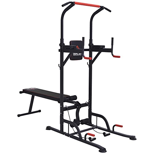 HOMCOM Multifunction Power Tower Home Workout Dip Station w/ Sit-up Bench Push-up Bars and Tension Ropes Fitness Equipment Office Gym Training