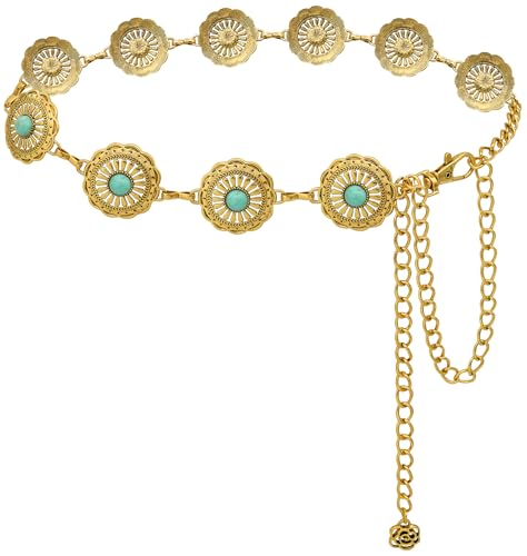 Ceinture chaîne western pour femme en métal ciselé et conchos turquoise LIMHOO