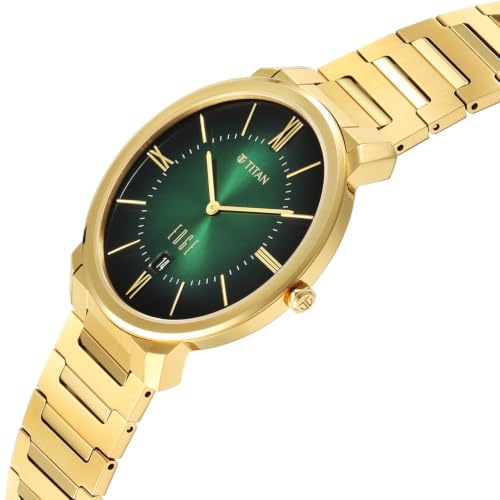 Image of EDGE Meister with Quartz Analog 2 Hands + Date Display Green Dial Solid Link Gold Plated Stainless Steel 316L Strap Watch for Men - 10065YM01