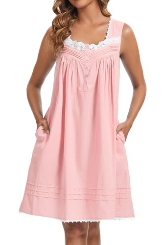 Image of AVIIER 100% Cotton Nightgowns for Women Sleeveless Night Gown with Pockets
